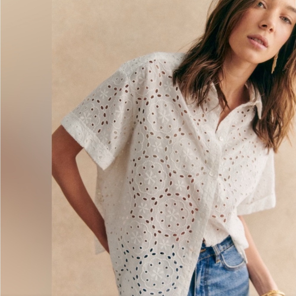 Sezane White Eyelet Button Down Shirt